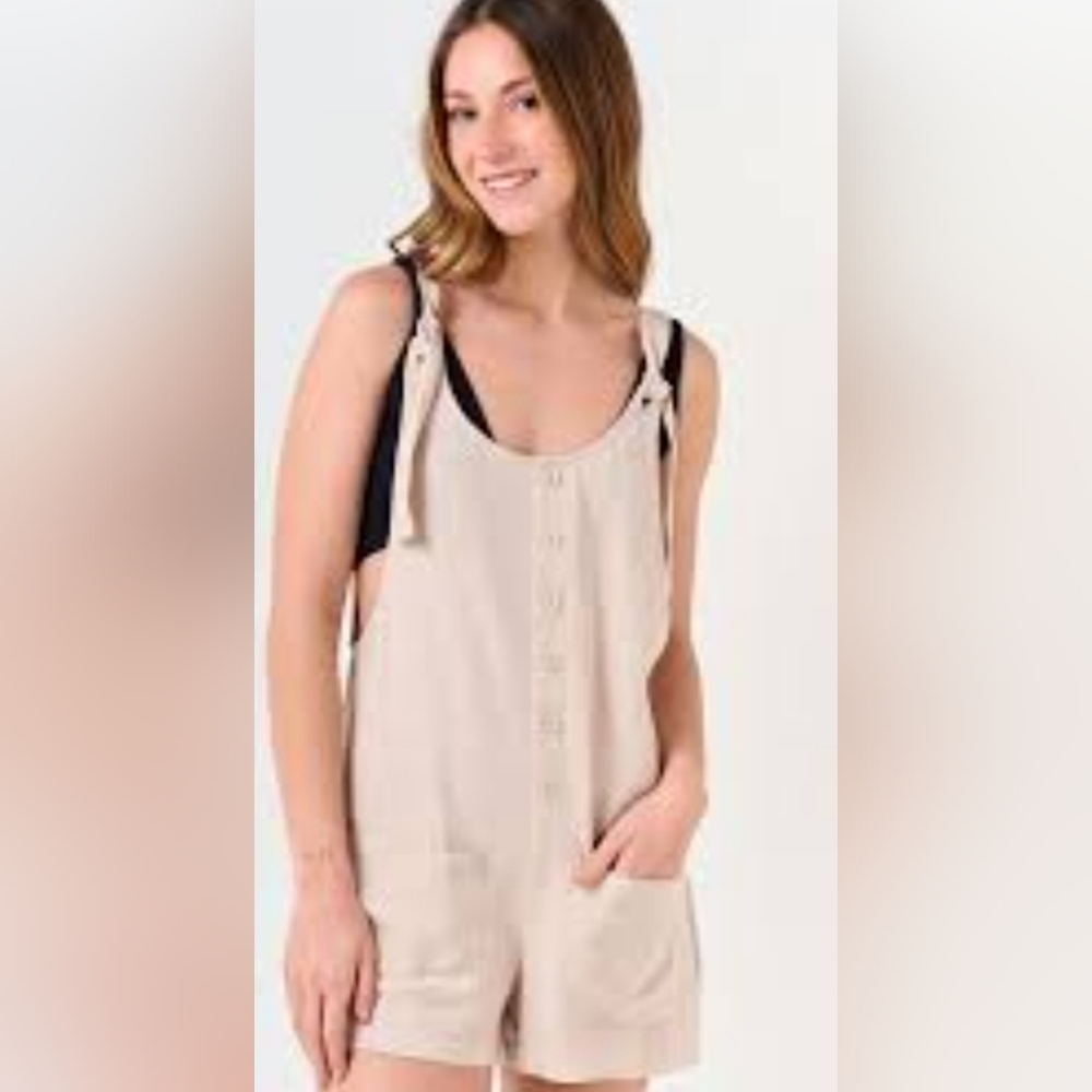 ENTRO 100 % LINEN Size M Romper Beige Textured Fabric